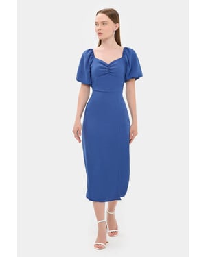 Hiccup Midi-Kleid mit Herzchen-Ausschnitt und seitlichem Schlitz - Blau