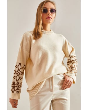 Rundhals-Jacquard-Strickpullover mit Stickerei