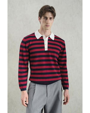 Gestreifter Rippstrick-Pullover mit Polo-Kragen