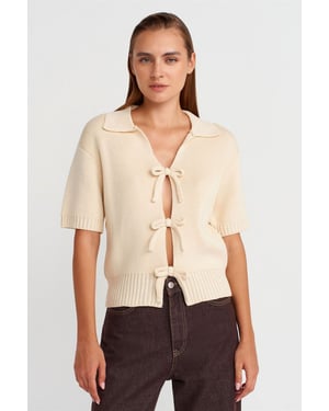 Damen Rippstrick-Acryl-Polo-Cardigan mit Bindeband vorne