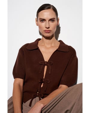 Damen Rippstrick-Acryl Polo-Cardigan mit Schleifenfront