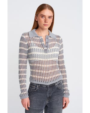 Gestreifter Polo-Kragen Knopfstrickpullover