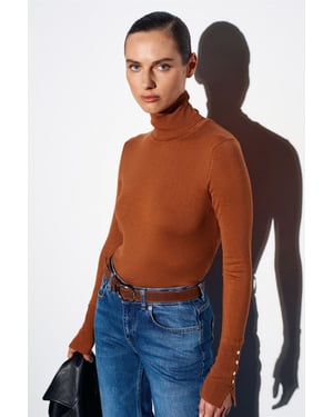 Damen Rollkragen Strickpullover mit Knöpfen