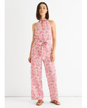 Rosa Jumpsuit mit Blumenmuster und Neckholder-Ausschnitt