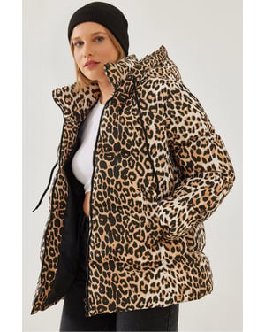 Dicker Leopardenmuster Pufferjacke mit Reißverschlusskragen