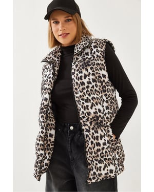 Leopardenmuster ärmellose Kunstleder-Pufferjacke
