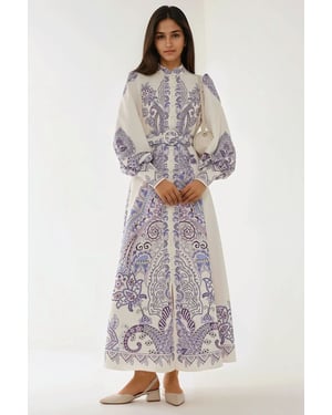 Bedrucktes Maxikleid mit langen Ärmeln und Gürtel