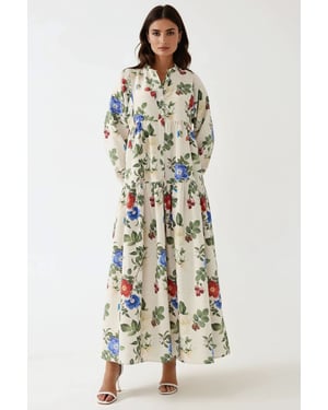 Blumen-Leinen-Optik Maxikleid mit Rundhalsausschnitt