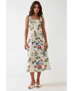 Leinenähnliches Allower Maxikleid mit Blumenmuster und elastischem Detail im Rücken