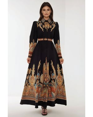 Bedrucktes Maxikleid mit langen Ärmeln und Gürtel
