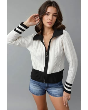 MyFashion Cardigan mit Polo-Kragen und Reißverschluss - Wollweiß