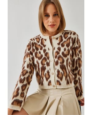 Leopardmuster Kurzer Cardigan mit Knopfverschluss