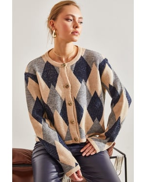Geometrisches Strick-Button-Up-Crop-Cardigan