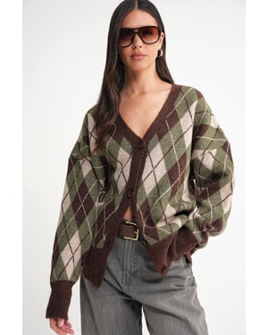 Oversize Argyle V-Ausschnitt Knopf-Cardigan