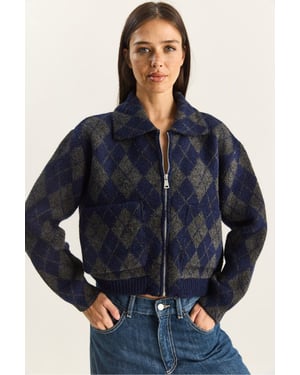 Bianco Lucci Dicker Jacquard-Strickcardigan mit Reißverschluss - Blau