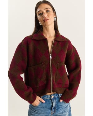 Dicker Jacquard-Strickcardigan mit Reißverschluss