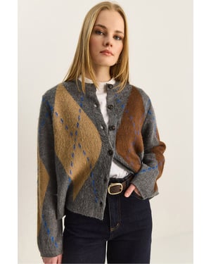 Rautenmuster Rundhals-Cardigan