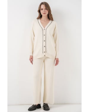 V-Ausschnitt Cardigan und Weit geschnittene Hose Set