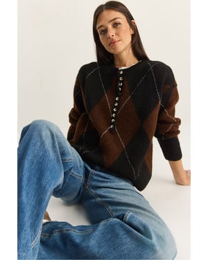 Bianco Lucci Strickpullover mit Rundhalsausschnitt und Knopfverschluss - Schwarz