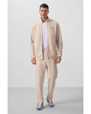 Tommy Life Langarm-Zip-Sweatshirt- und Hose-Set für Herren - Beige