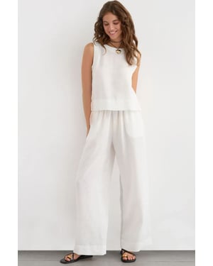 Leinengefühl Bluse & Elastischer Taillenbund Hosen Zweiteiliges Set