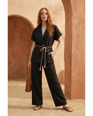 V-Ausschnitt Knopfleistenbluse & Hochtaillierte Hose Zweiteiliges Set
