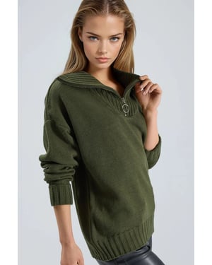 Übergroßer Rippstrickpullover mit Reißverschlusskragen