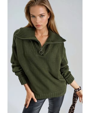 Übergroßer Rippstrickpullover mit Reißverschlusskragen