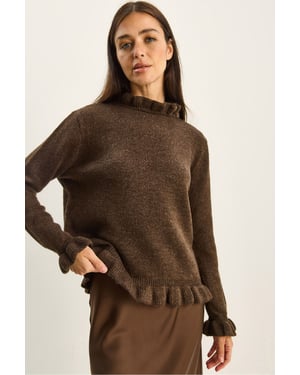 Rüschen-Halbkragen-Knopfstrickpullover