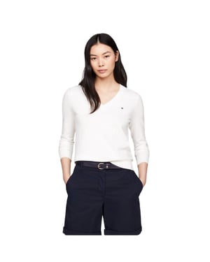 Tommy Hilfiger - Pullover Top für Damen, V-Ausschnitt, Baumwolle (Ecru)