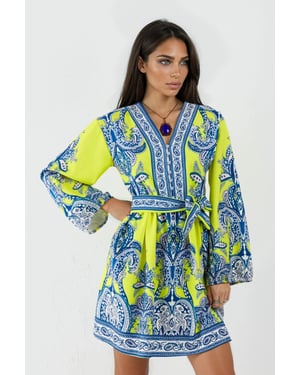 V-Ausschnitt Paisley A-Linie Mini-Kleid mit Knöpfen