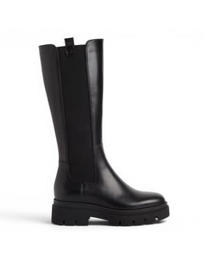 Tamaris Kniehohe Lederstiefel mit Plateauabsatz, Modell 25608-41 - Schwarz