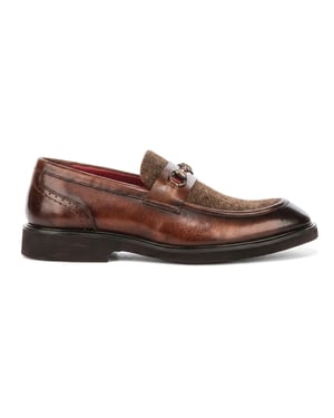 Justin Reess Herren beige Leder-Fischgrät-Tweed-Loaferschuhe – Tristian