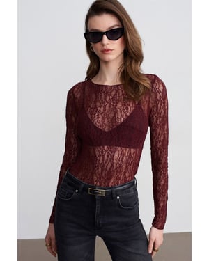 Schlanke Passform Spitzen-Boot-Ausschnitt-Bluse
