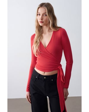 Damen Crop-Wrap-Bluse mit Bindeband