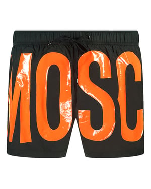 Schwarze Badeshorts Mit Großem Orangefarbenem Logo Von Moschino