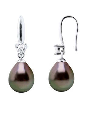 Ohrringe Silber 925 & Zirkonia – 2 echte Tahiti-Zuchtperlen Birne 8-9 mm