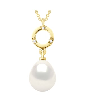 Halskette Schmuck Diamant 0,01 Karat Gelbgold und echte Süßwasser-Zuchtperle Birne 9-10 mm
