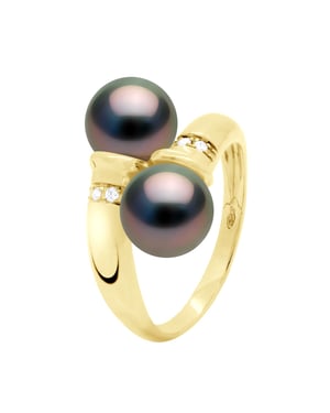 Ring You & Me, Diamanten 0,06 ct, 2 echte Tahiti-Zuchtperlen, rund 8–9 mm – Gelbgold