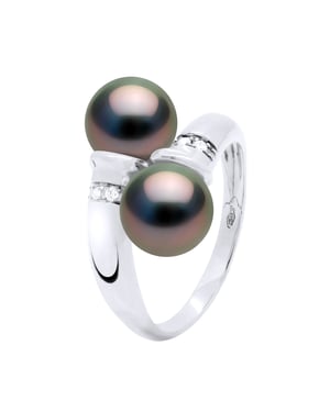 Ring You & Me, Diamanten 0,06 ct, 2 echte Tahiti-Zuchtperlen rund 8–9 mm – Weißgold