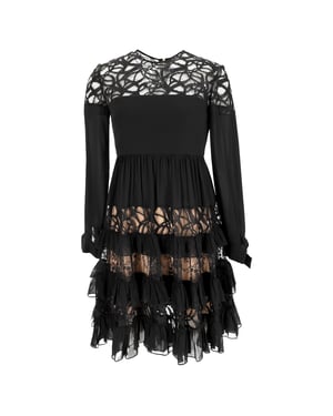 Elie Saab Minikleid mit Spitzenbesatz, langen Ärmeln und Stufenrock aus schwarzem Polyamid
