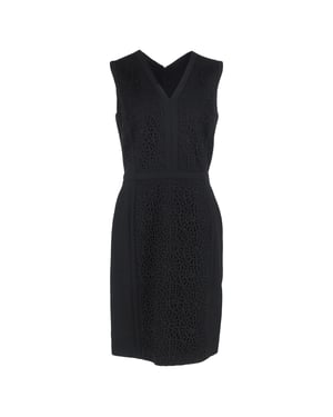 Schwarzes Hugo Boss Midi-Kleid mit V-Ausschnitt und Spitzendetails aus Wolle