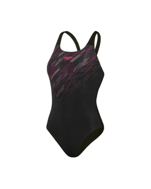 Speedo - "Hyperboom Placement" Badeanzug für Damen, Halboffener Rücken (Schwarz/Pink/Holzkohle)