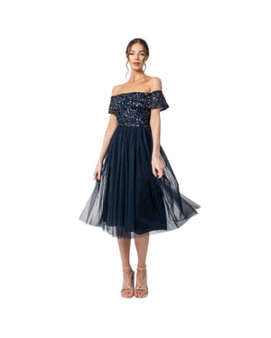 Maya Deluxe - Midikleid für Damen, Schulterfrei, kurzärmlig (Marine)