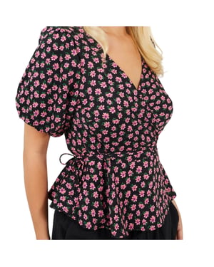 Brave Soul - Wickel-Oberteil für Damen, V-Ausschnitt, Puffärmel (Schwarz/Pink)