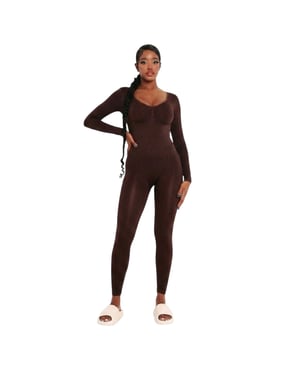 Missy Empire - Jumpsuit für Damen, Plunge-BH, Bodycon, Langärmlig (Schokolade)