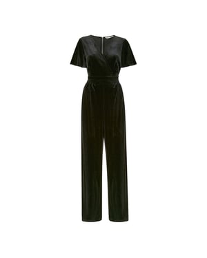 Yumi - Jumpsuit für Damen, V-Ausschnitt, Samt, Engelsärmel (Schwarz)