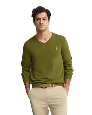 Pullover moosgrün mit V-Kragen und Rigby Go Stickerei
