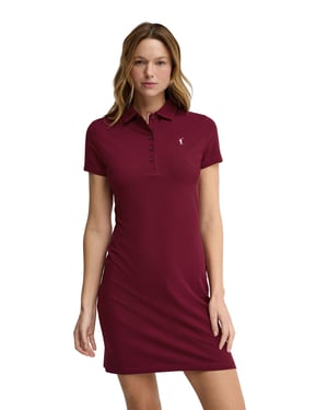 Kurzes Kleid granatrot mit kurzen Ärmeln, Polokragen und Rigby Go Logo