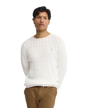 Strickpullover ecru mit Zopfmuster und Rigby Go Logo
